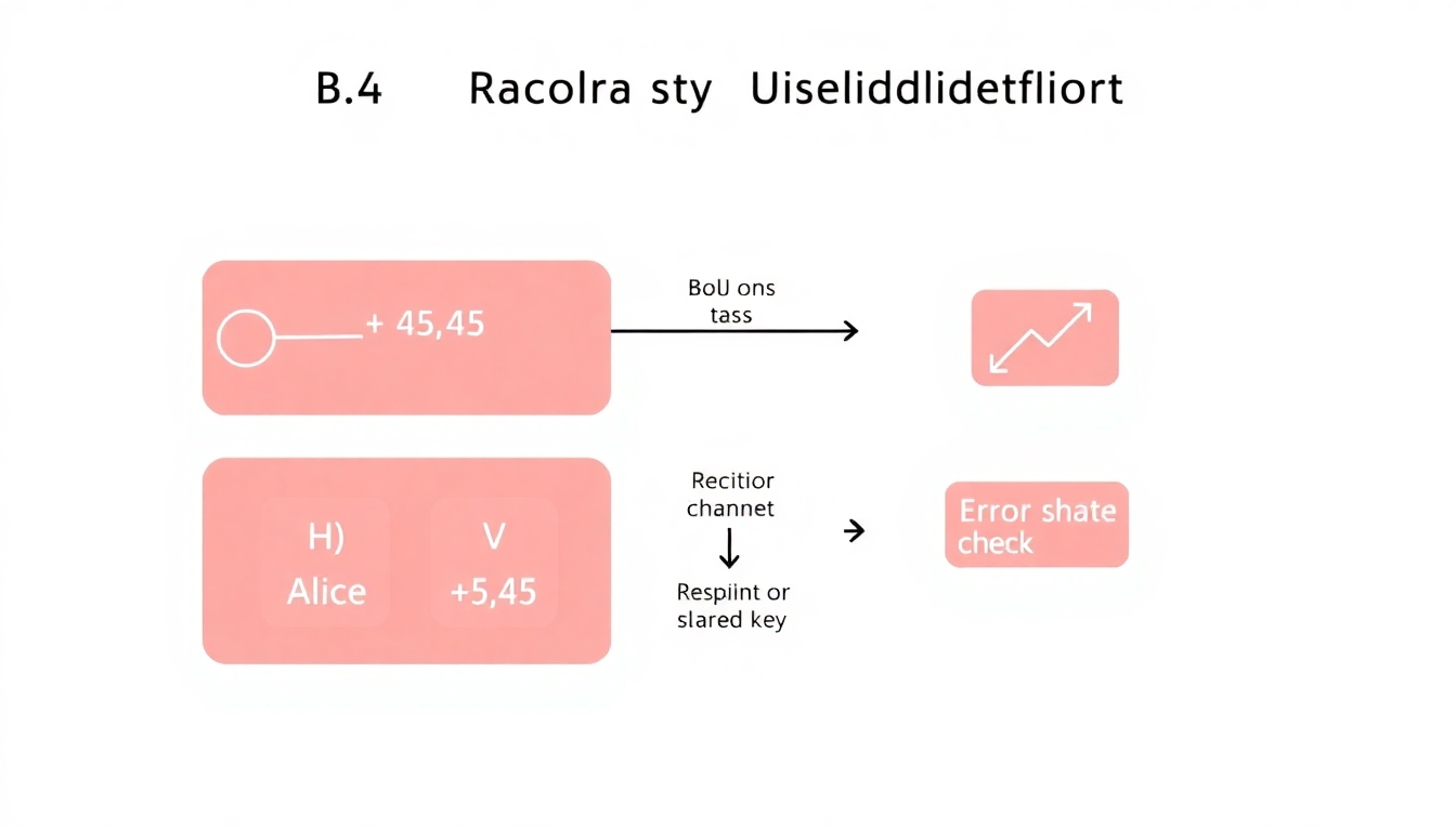 Diagram showing BB84-style QKD with photon polarization, basis comparison, and key sifting